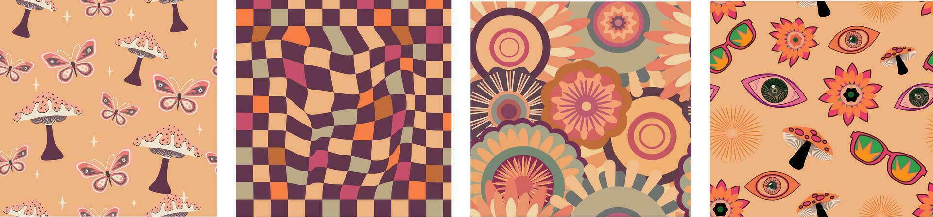 A groovy and psychedelic chessboard backdrop inspired by the 60s and 70s. Perfect for print templates, textiles. vector