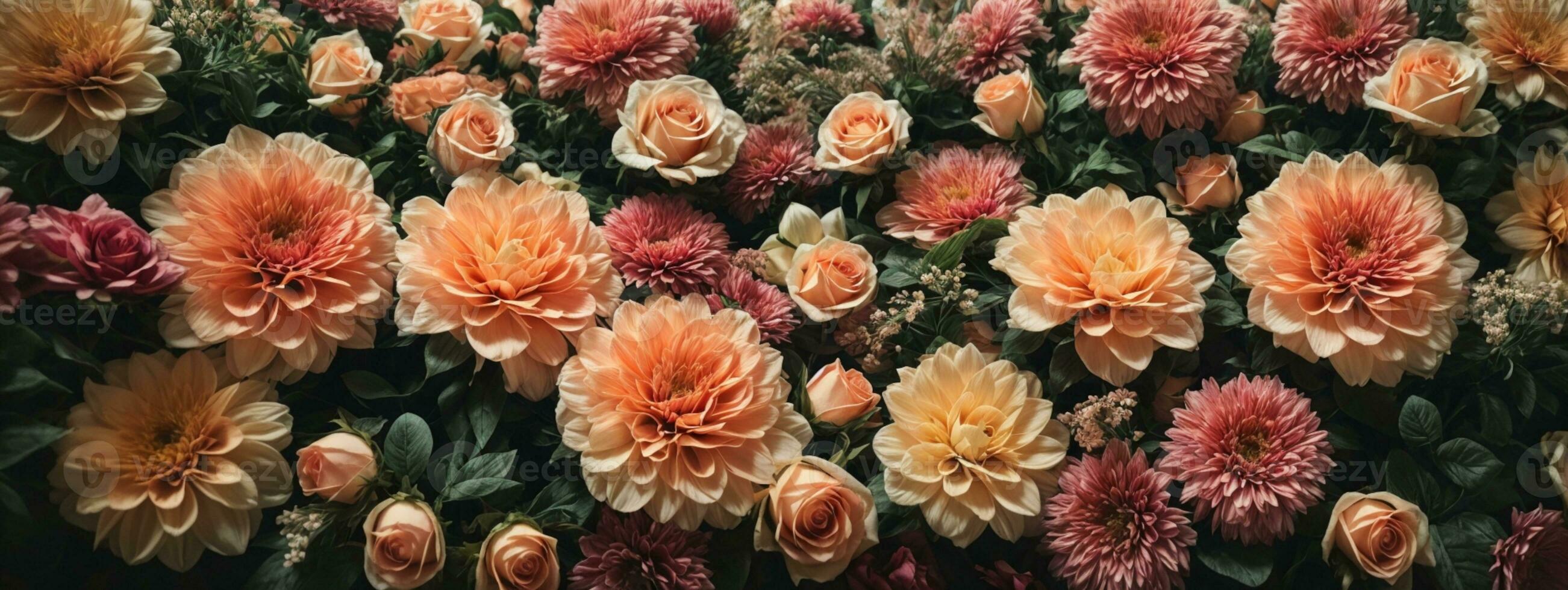 Artificial Flowers Wall for Background in vintage style. AI generated photo