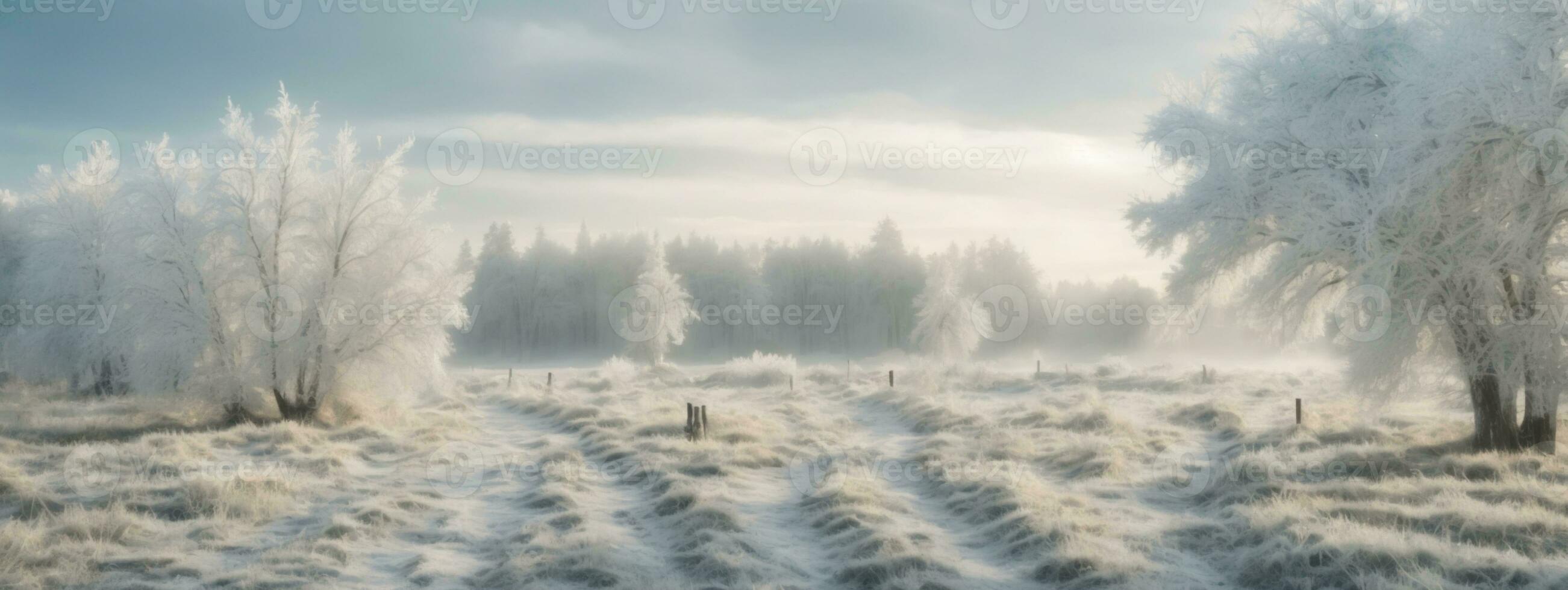 white wood covered with frost frosty landscape. AI generated photo