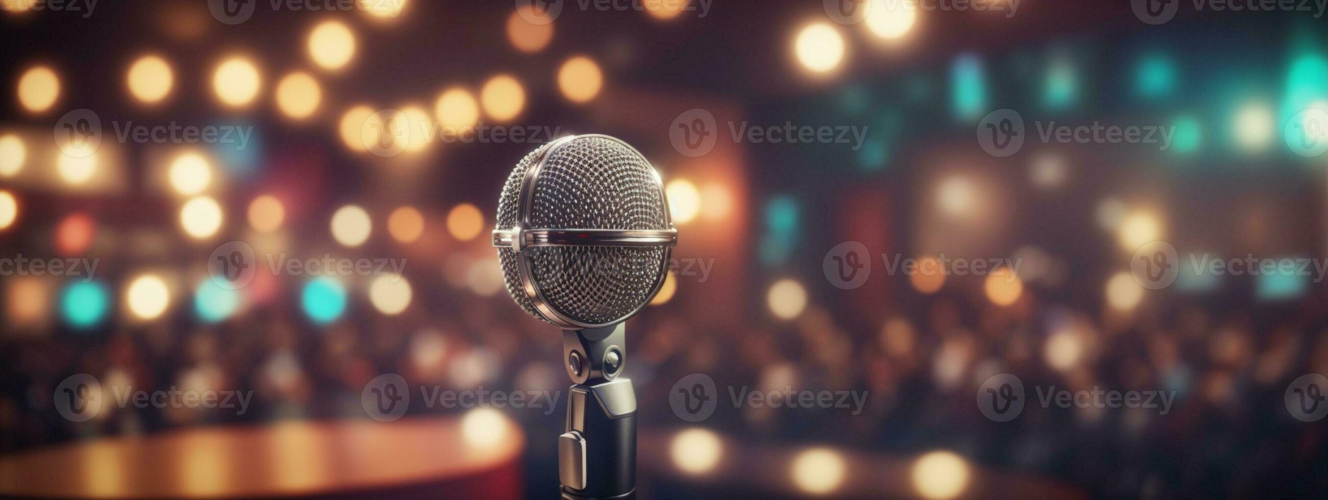 retro micrófono en escenario. ai generado foto