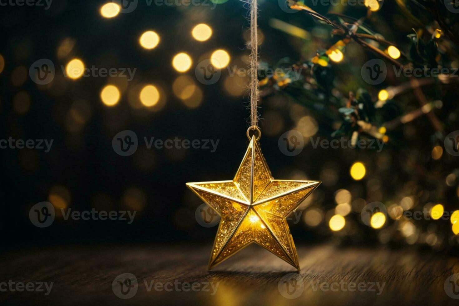 Gold star light hanging on dark background. AI generated photo