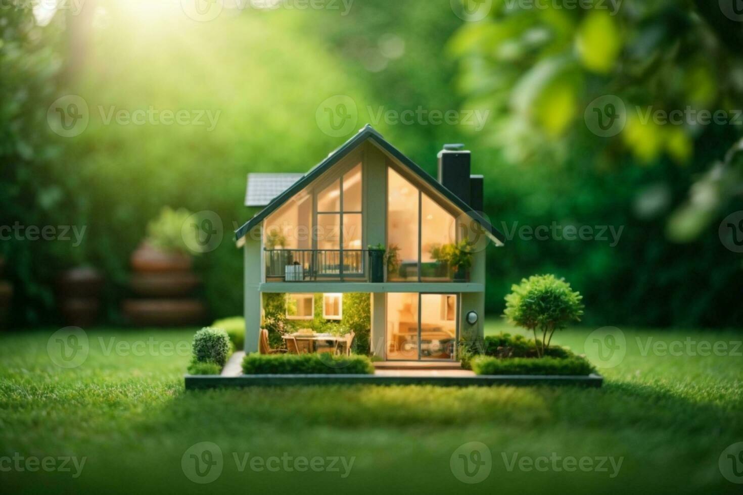 Copiar espacio de hogar y vida concepto. pequeño modelo hogar en verde césped con luz de sol resumen fondo.. ai generado foto