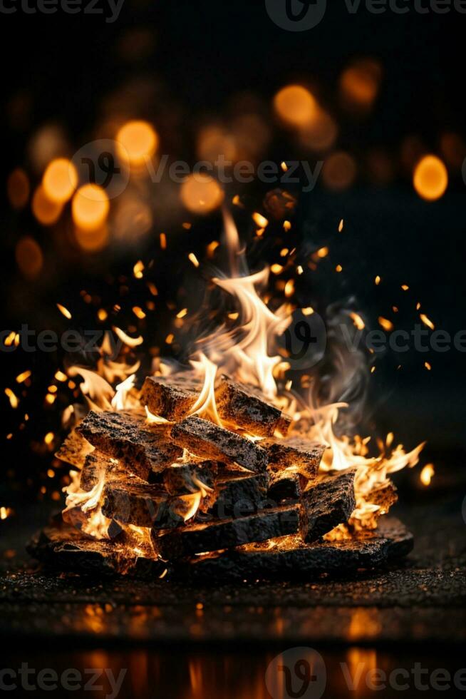 Detail of fire sparks isolated on black background. AI generated photo