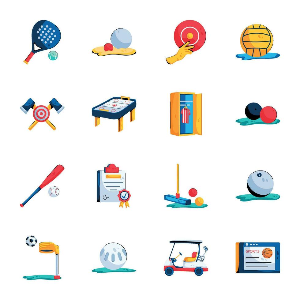 Deportes accesorios icono conjunto en plano estilo vector