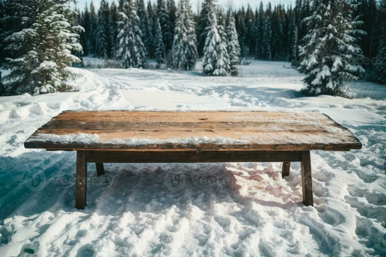 Old wood texture with snow and firtree. AI generated photo