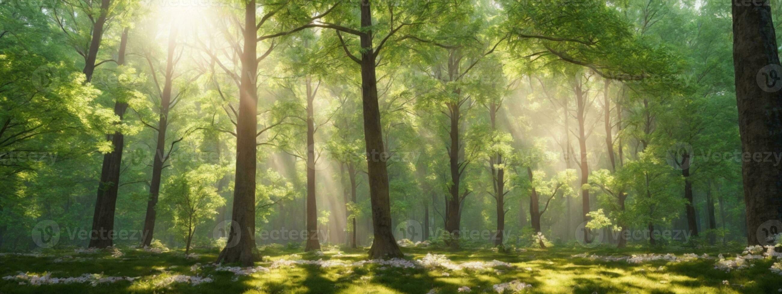 Beautiful forest in spring with bright sun shining through the trees. AI generated photo