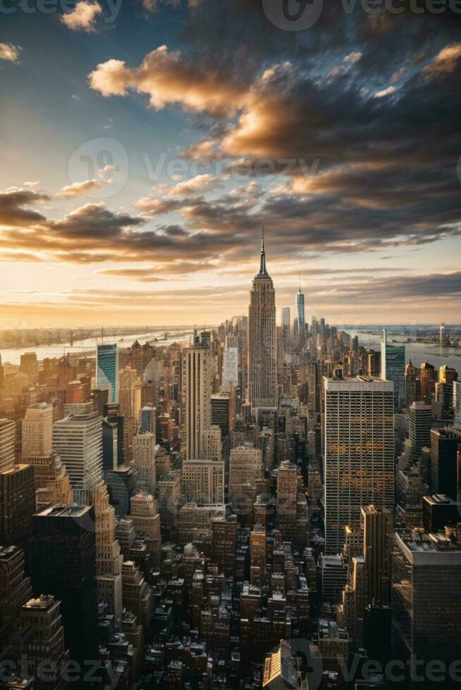 puesta de sol ver de nuevo York ciudad mirando terminado centro de la ciudad manhattan ai generado foto