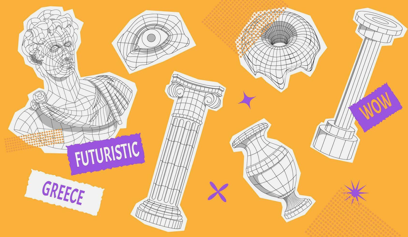 retro futurista colocar. collage con estructura metálica escultura y estatua. pegatina forma separar en amarillo antecedentes vector