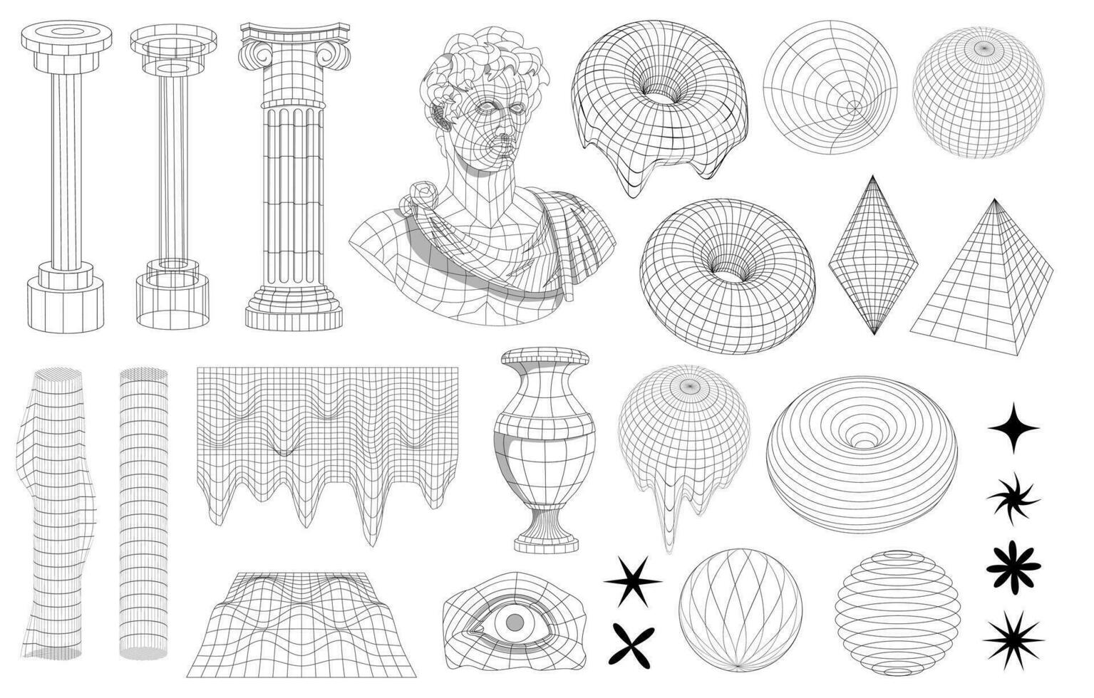 Retro futuristic set. Wireframe sculpture and statue, surreal geometric shapes, wireframe, elements and perspective grid. vector