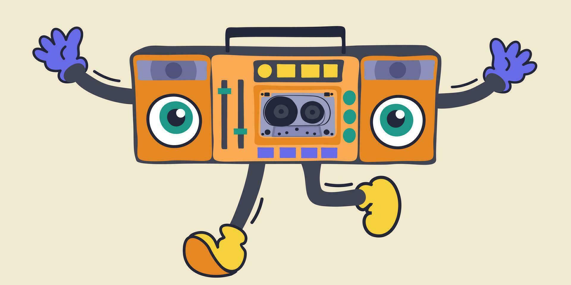 Retro tape recorder. Vector isolated illustration. Groovy retro cartoon character