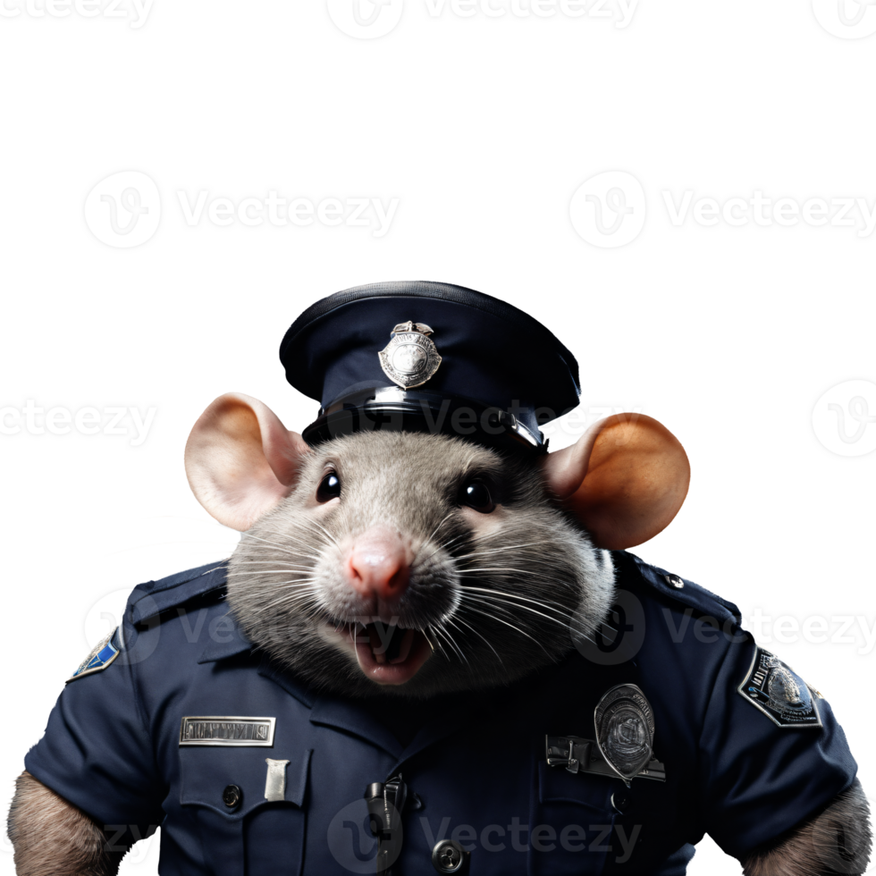 portret van humanoid antropomorf hebzuchtig dik Rat vervelend Politie officier pak met onheil grijns uitdrukking geïsoleerd transparant generatief ai png