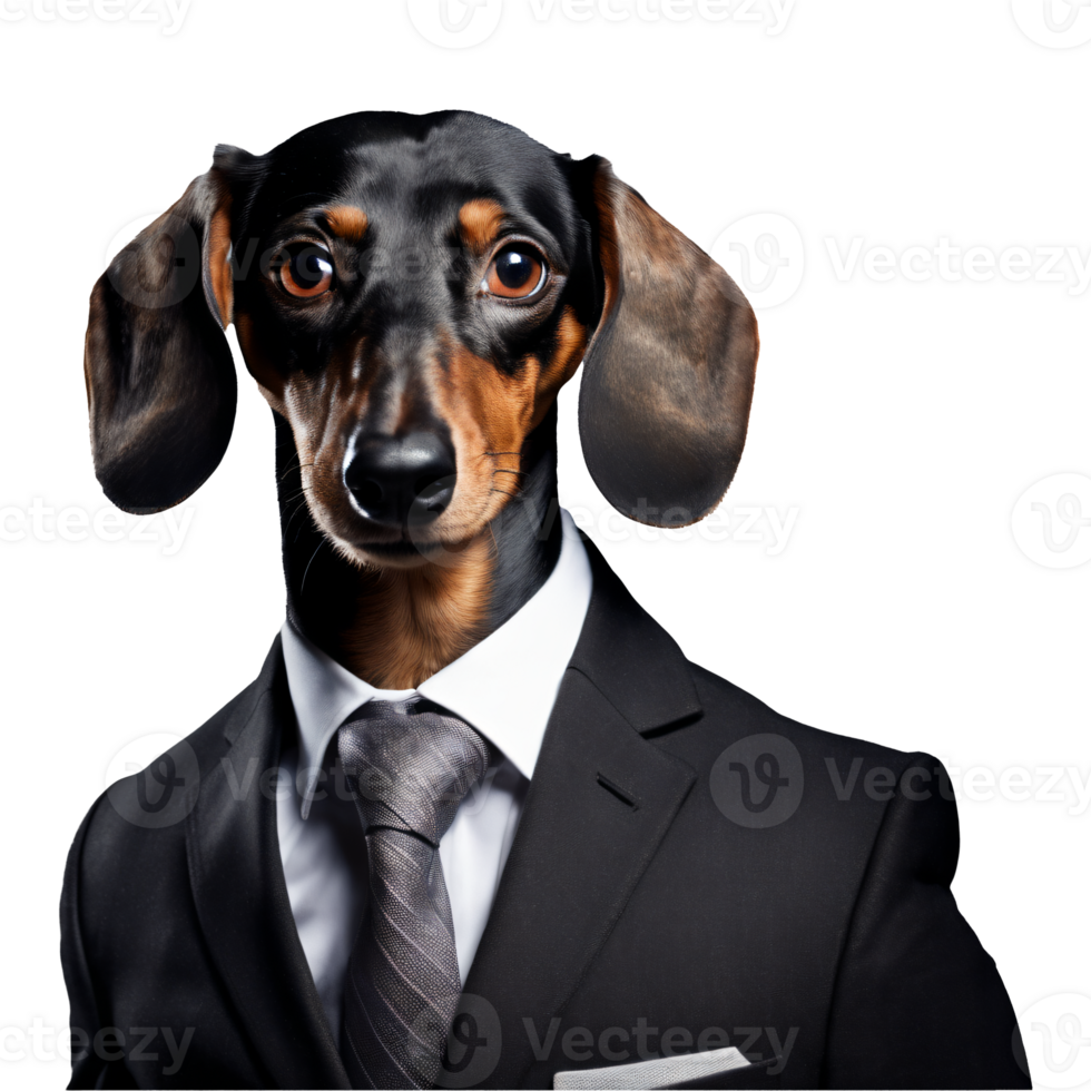 Portrait of Humanoid Anthropomorphic Dachshund Dog Wearing Black Business Suit Isolated Transparent Generative AI png