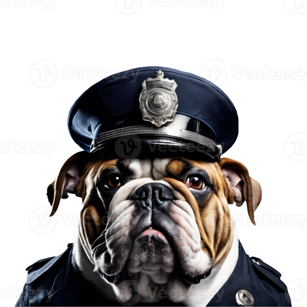 Portrait of Humanoid Anthropomorphic Bulldog Wearing Police Officer Uniform Isolated Transparent Generative AI png