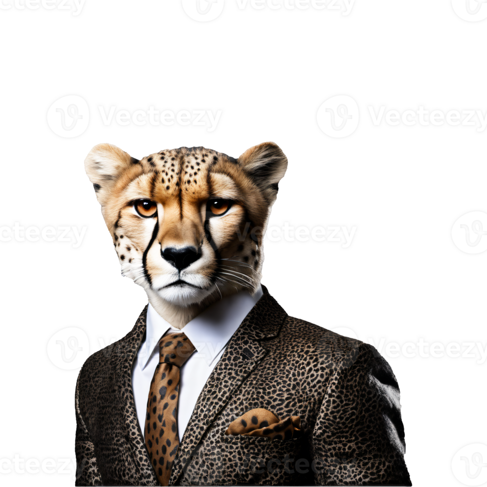 Portrait of Humanoid Anthropomorphic Cheetah Wearing Leopard Business Suit Isolated Transparent Generative AI png