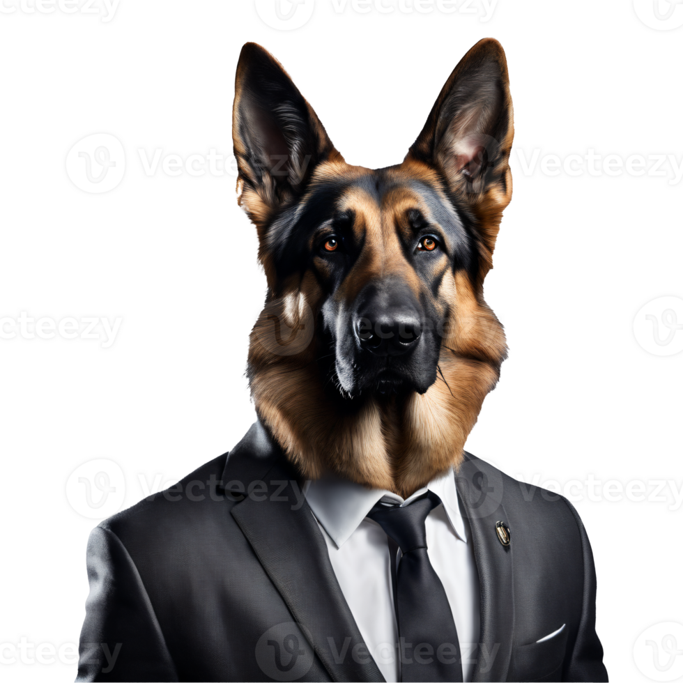 Portrait of Humanoid Anthropomorphic German Shepherd Dog Wearing Black Business Suit Isolated Transparent Generative AI png