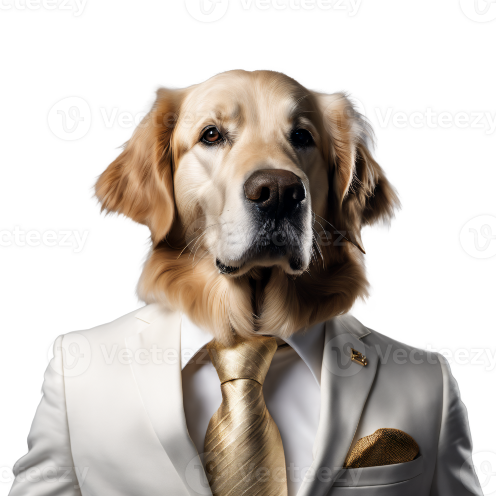 Portrait of Humanoid Anthropomorphic Golden Retriever Dog Wearing White Business Suit Isolated Transparent Generative AI png