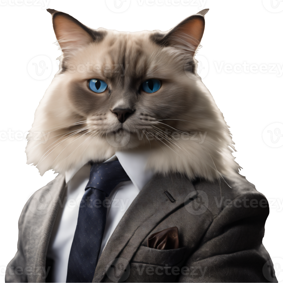 Porträt von Humanoid anthropomorph Ragdoll Katze tragen grau Geschäft passen isoliert transparent generativ ai png