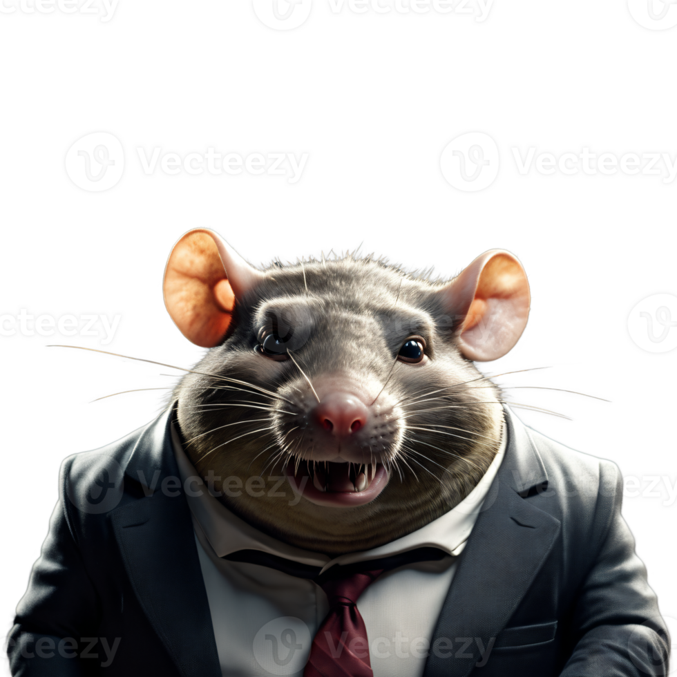 portrait de humanoïde anthropomorphe glouton graisse rat portant noir affaires costume avec mal petit sourire satisfait expression isolé transparent génératif ai png