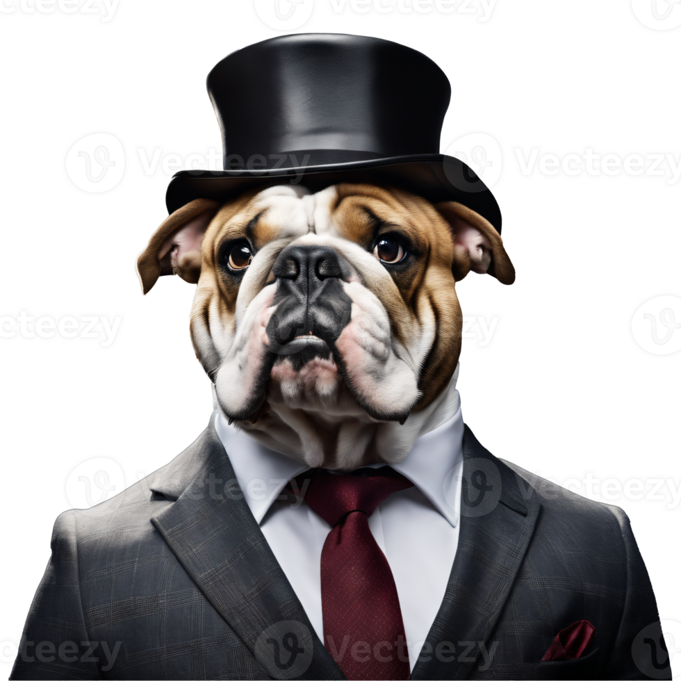 Portrait of Humanoid Anthropomorphic Bulldog Wearing Business Suit with Top Hat Isolated Transparent Generative AI png