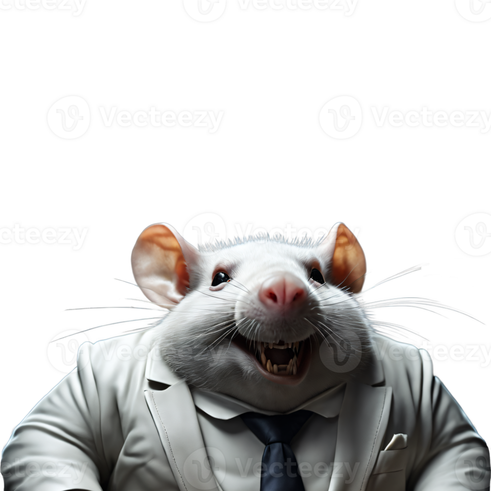 portrait de humanoïde anthropomorphe glouton graisse blanc rat portant blanc affaires costume avec mal petit sourire satisfait expression isolé transparent génératif ai png