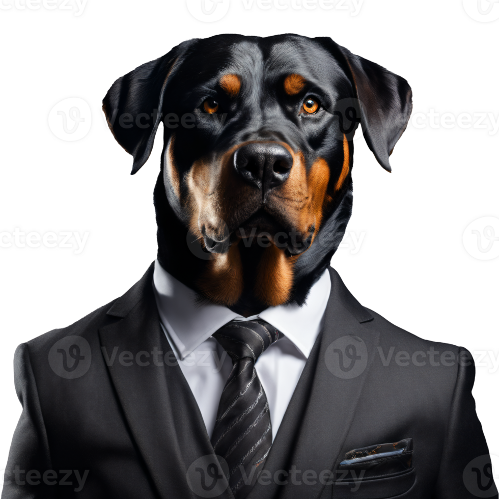 portret van humanoid antropomorf rottweiler hond vervelend zwart bedrijf pak geïsoleerd transparant generatief ai png