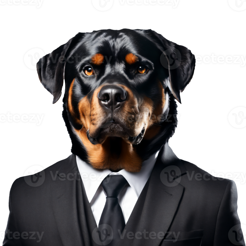 portret van humanoid antropomorf rottweiler hond vervelend zwart bedrijf pak geïsoleerd transparant generatief ai png