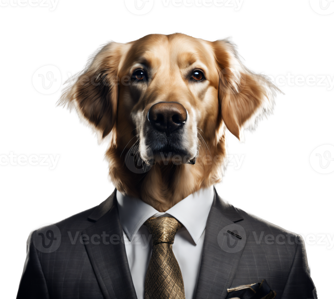 Portrait of Humanoid Anthropomorphic Golden Retriever Dog Wearing Black Business Suit Isolated Transparent Generative AI png