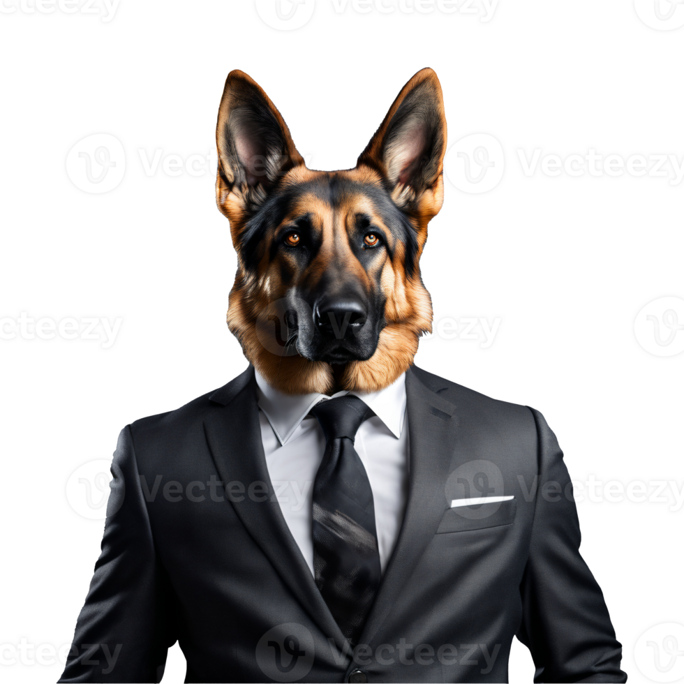Portrait of Humanoid Anthropomorphic German Shepherd Dog Wearing Black Business Suit Isolated Transparent Generative AI png