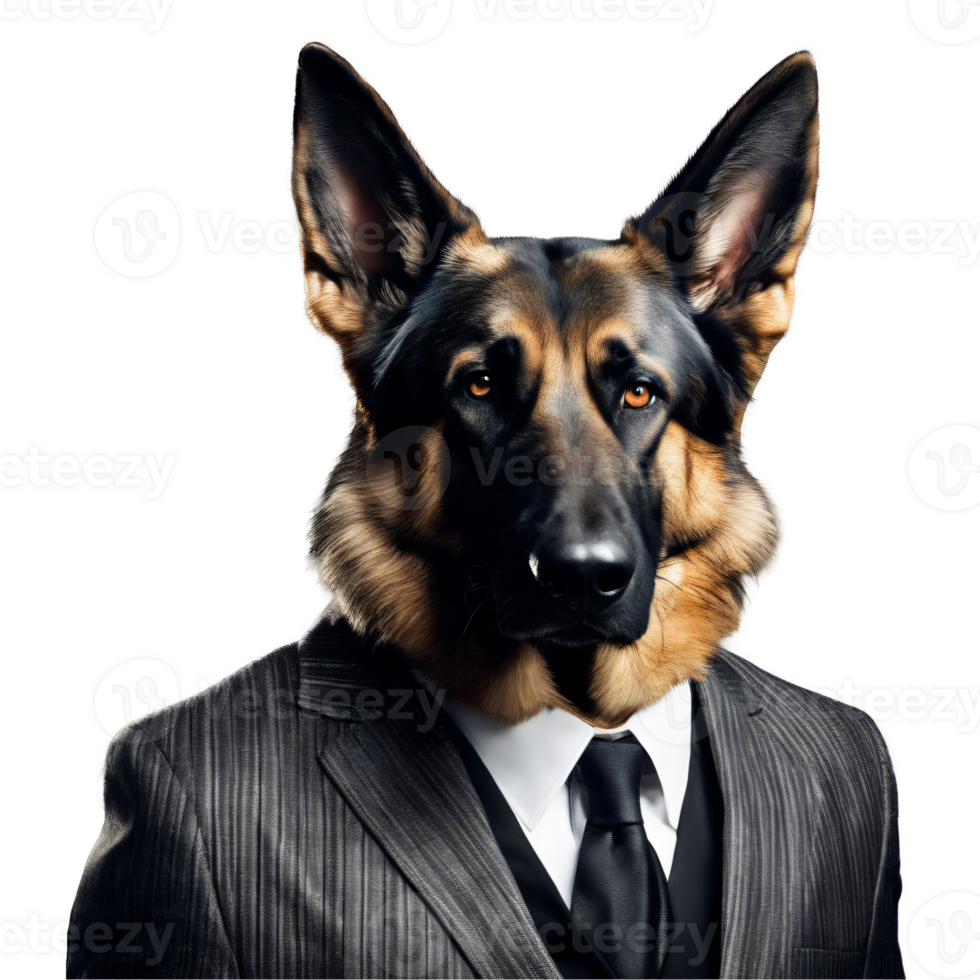 Portrait of Humanoid Anthropomorphic German Shepherd Dog Wearing Black Business Suit Isolated Transparent Generative AI png