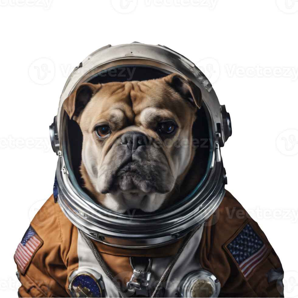 portret van humanoid antropomorf bulldog vervelend oranje astronaut pak geïsoleerd transparant generatief ai png