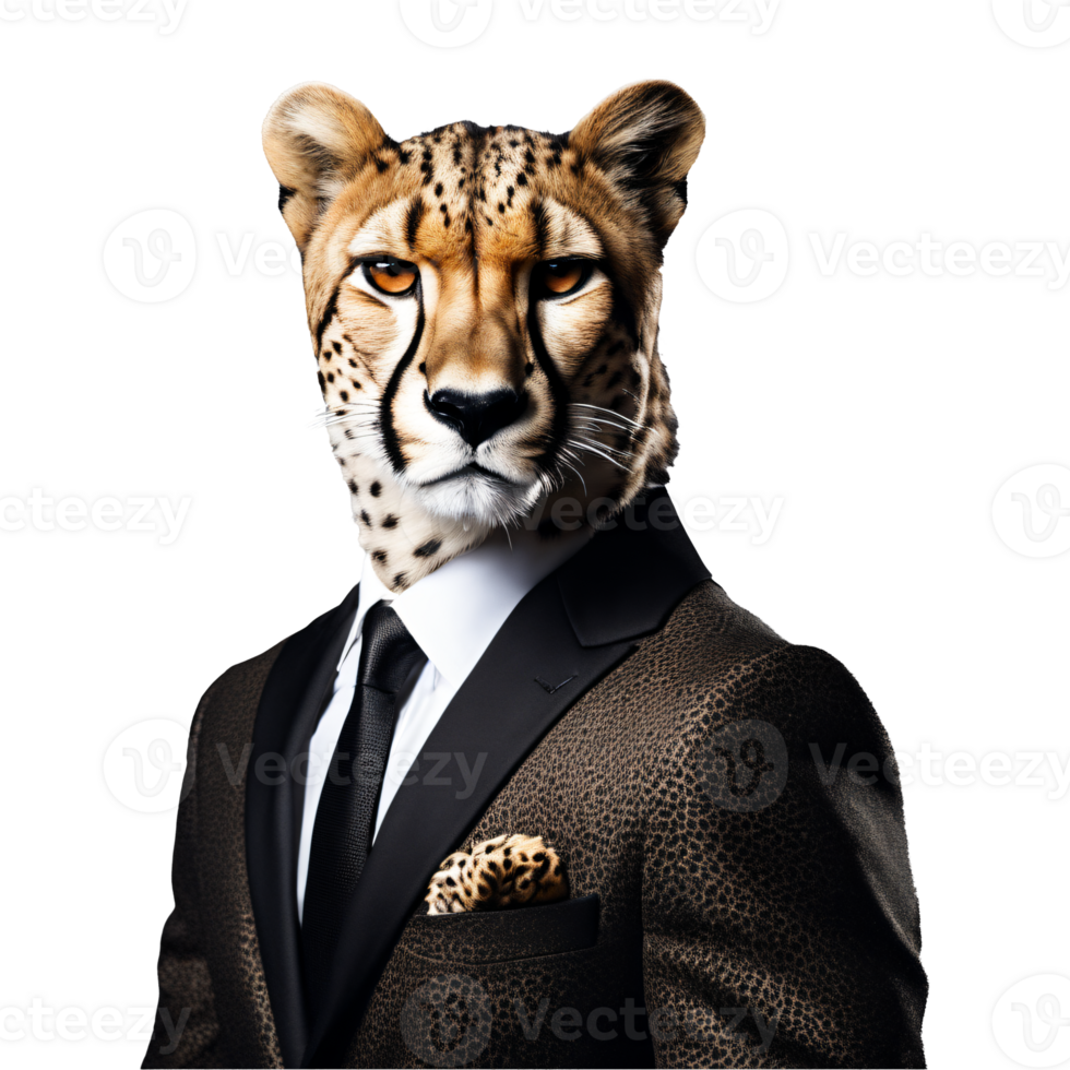 Portrait of Humanoid Anthropomorphic Cheetah Wearing Business Suit Isolated Transparent Generative AI png
