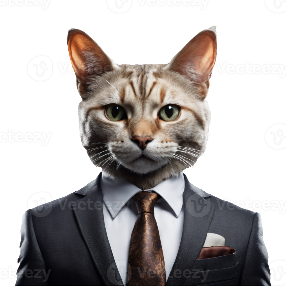 portret van humanoid antropomorf huiselijk kat vervelend bedrijf pak geïsoleerd transparant generatief ai png
