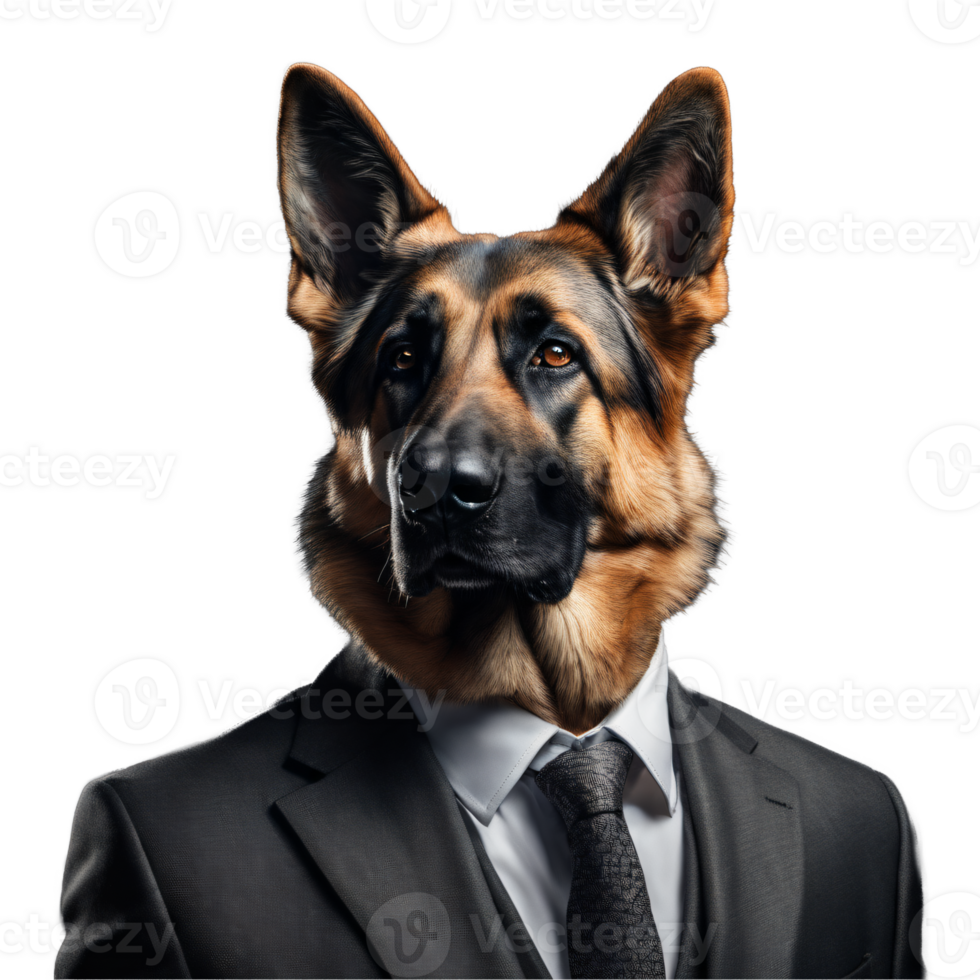 Portrait of Humanoid Anthropomorphic German Shepherd Dog Wearing Black Business Suit Isolated Transparent Generative AI png