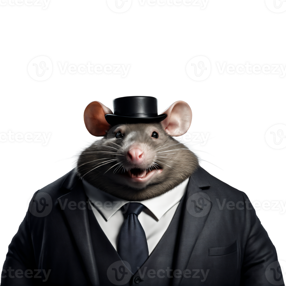 portrait de humanoïde anthropomorphe glouton graisse rat portant noir affaires costume avec mal petit sourire satisfait expression et Haut chapeau isolé transparent génératif ai png