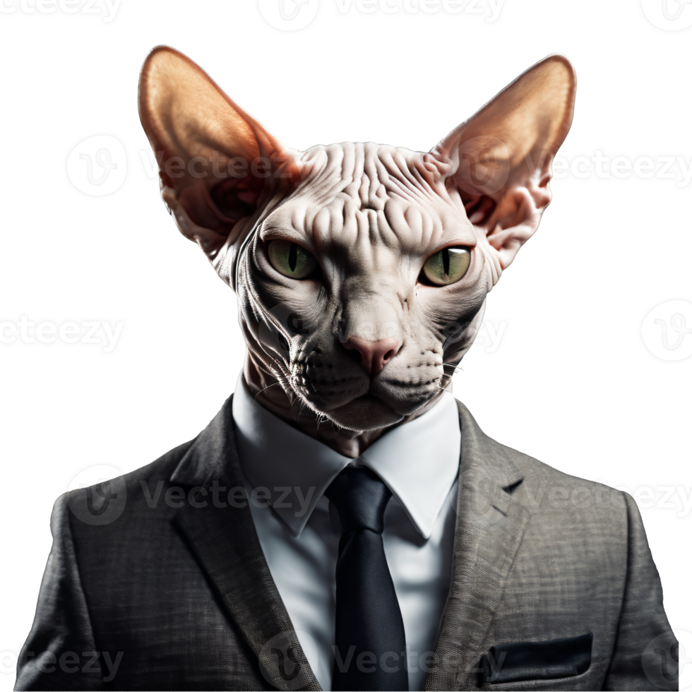 porträtt av humanoid antropomorf sphynx katt bär företag kostym isolerat transparent generativ ai png