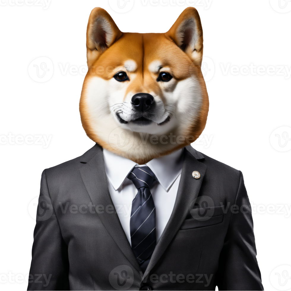 Portrait of Humanoid Anthropomorphic Shiba Inu Dog Wearing Black Business Suit Isolated Transparent Generative AI png