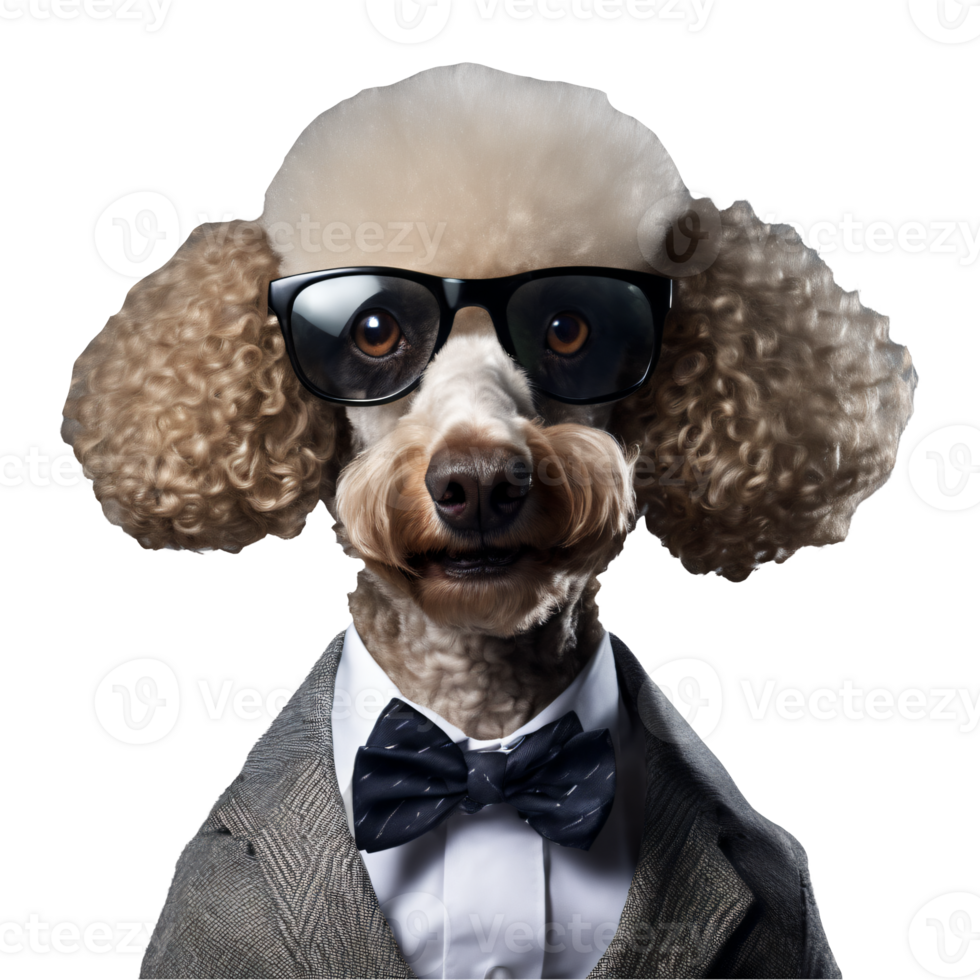 Portrait of Humanoid Anthropomorphic Poodle Dog Wearing Gray Business Suit with Glasses and Butterfly Bow Tie Isolated Transparent Generative AI png