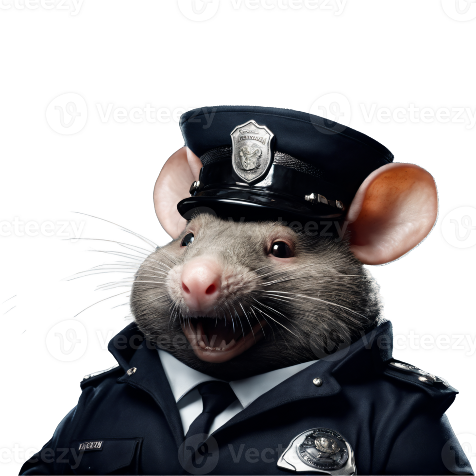 Portrait of Humanoid Anthropomorphic Greedy Fat Rat Wearing Police Officer Suit with Evil Smirk Expression Isolated Transparent Generative AI png
