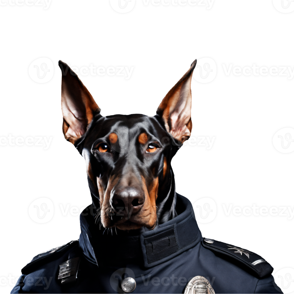 portret van humanoid antropomorf doberman hond vervelend Politie officier uniform geïsoleerd transparant generatief ai png