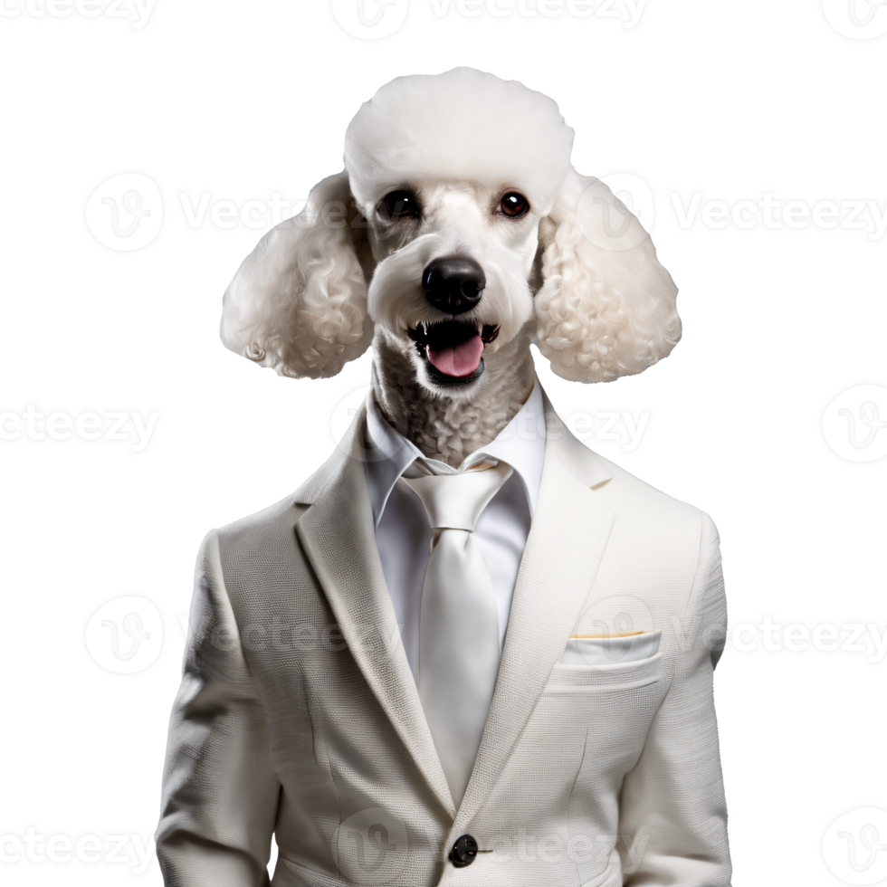 Porträt von Humanoid anthropomorph Pudel Hund tragen Weiß Geschäft passen isoliert transparent generativ ai png