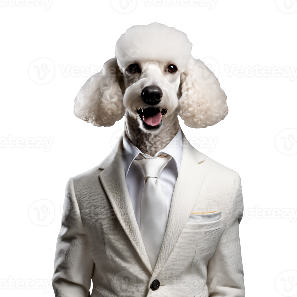 Portrait of Humanoid Anthropomorphic Poodle Dog Wearing White Business Suit Isolated Transparent Generative AI png