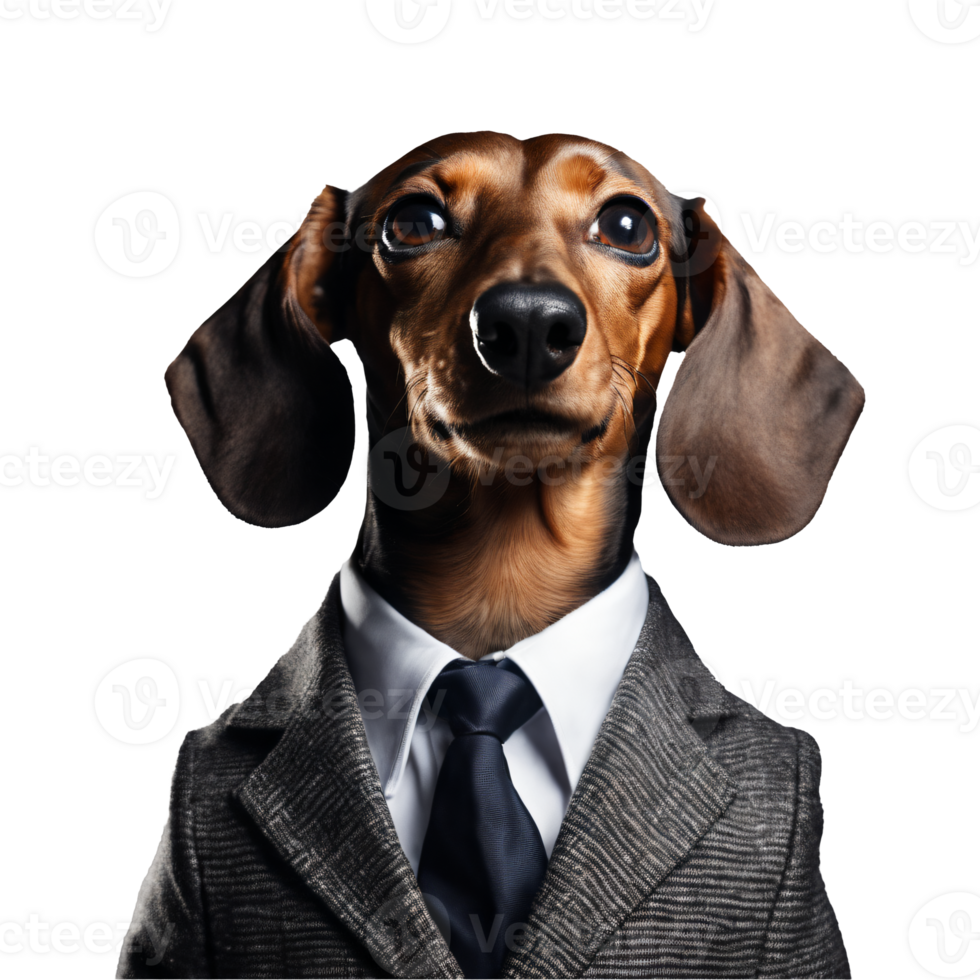 Portrait of Humanoid Anthropomorphic Dachshund Dog Wearing Gray Business Suit Isolated Transparent Generative AI png