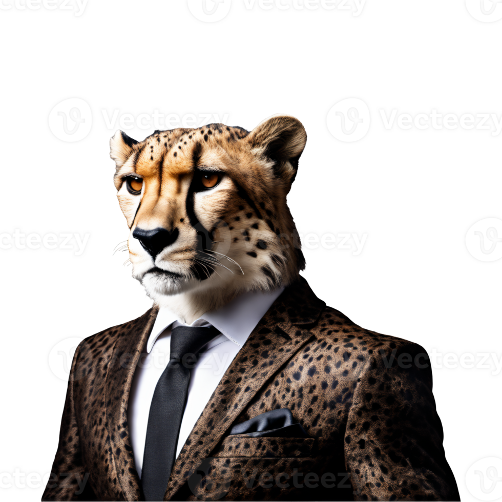 Portrait of Humanoid Anthropomorphic Cheetah Wearing Leopard Business Suit Isolated Transparent Generative AI png