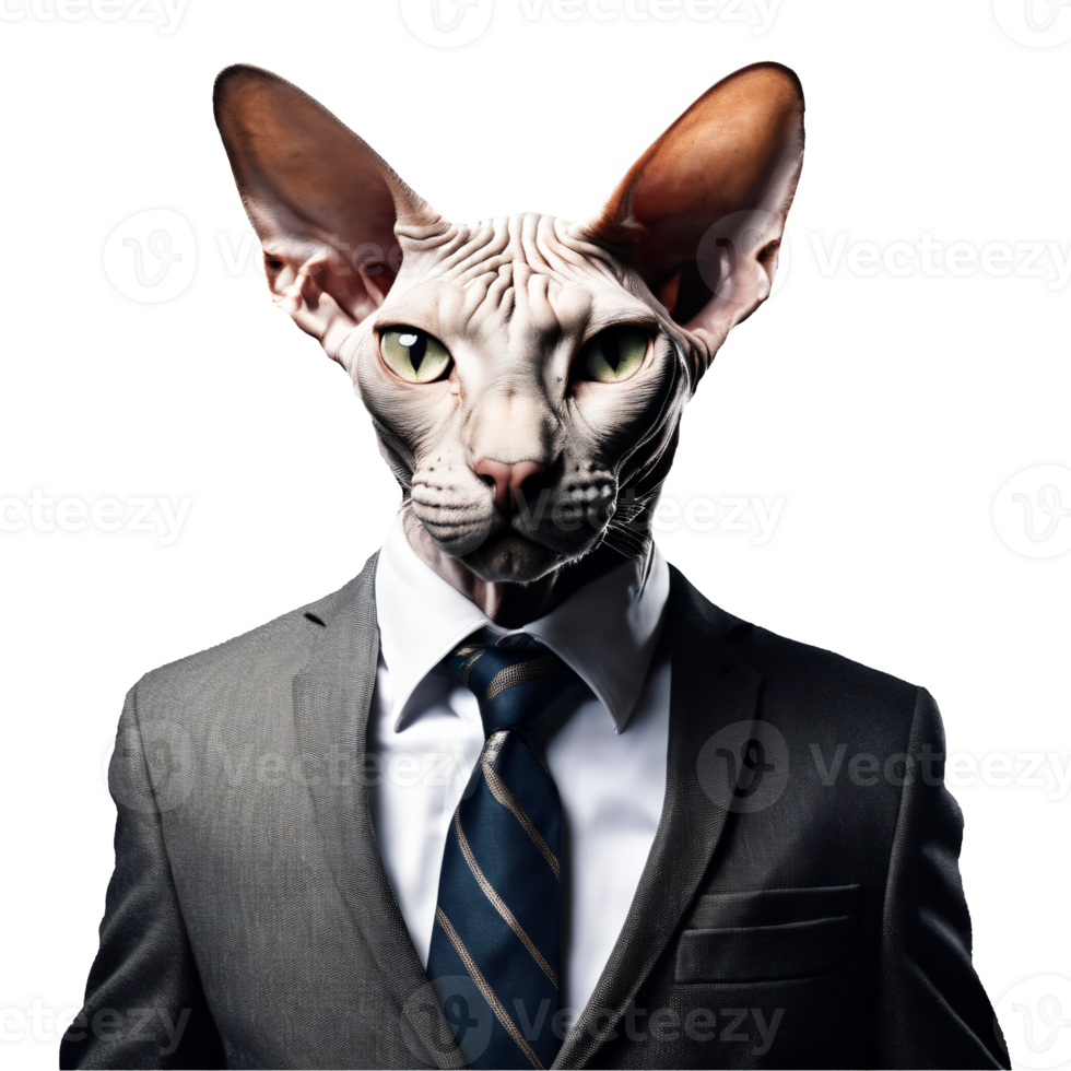 portret van humanoid antropomorf sphynx kat vervelend zwart bedrijf pak geïsoleerd transparant generatief ai png