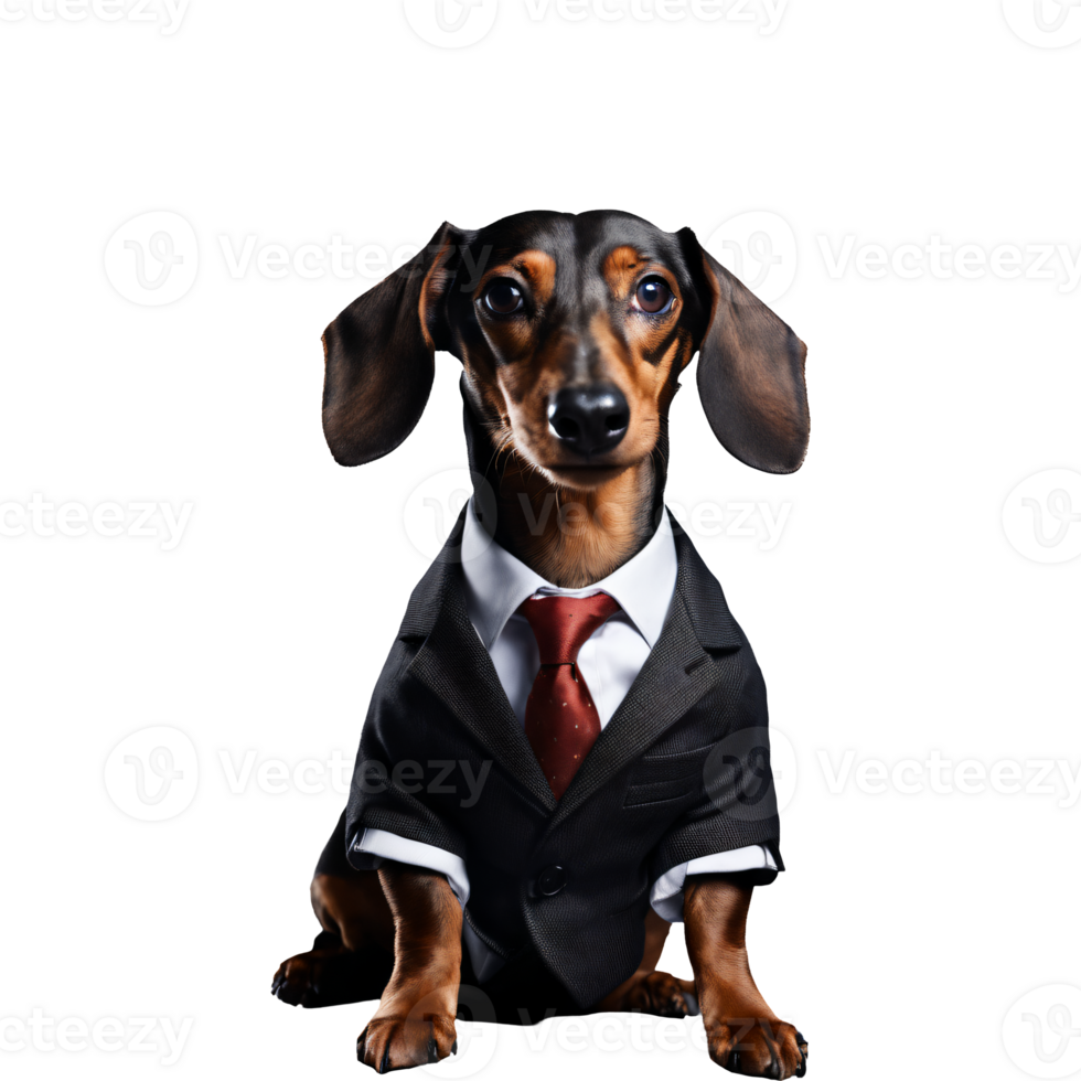 Portrait of Dachshund Dog Wearing Black Business Suit Costume Isolated Transparent Generative AI png