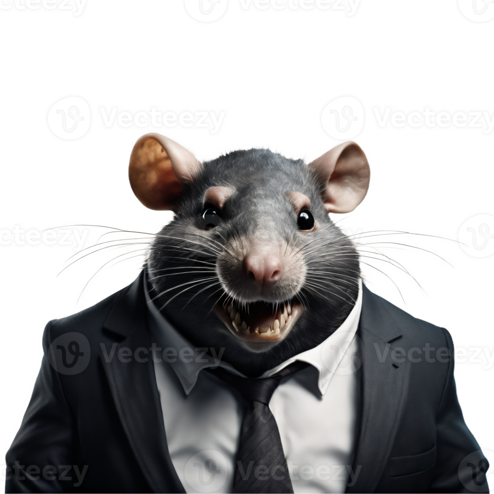 portrait de humanoïde anthropomorphe glouton graisse rat portant noir affaires costume avec mal petit sourire satisfait expression isolé transparent génératif ai png