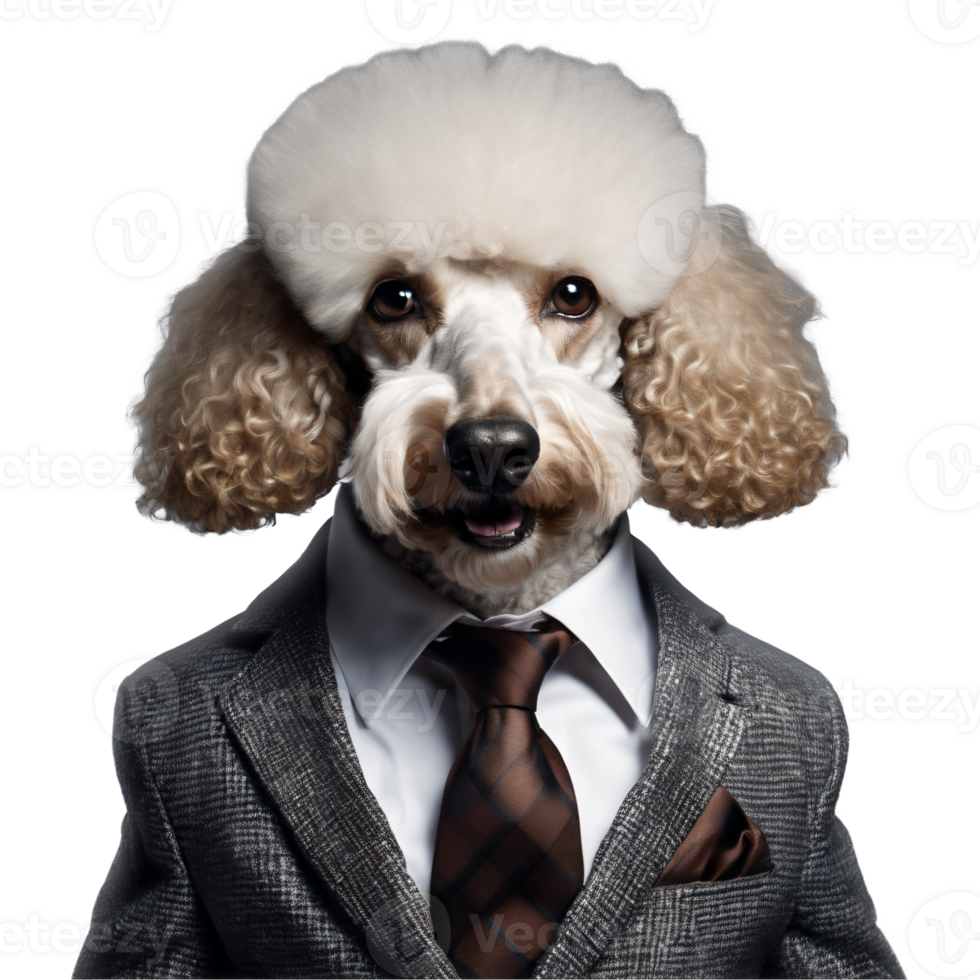 Portrait of Humanoid Anthropomorphic Poodle Dog Wearing Gray Business Suit Isolated Transparent Generative AI png