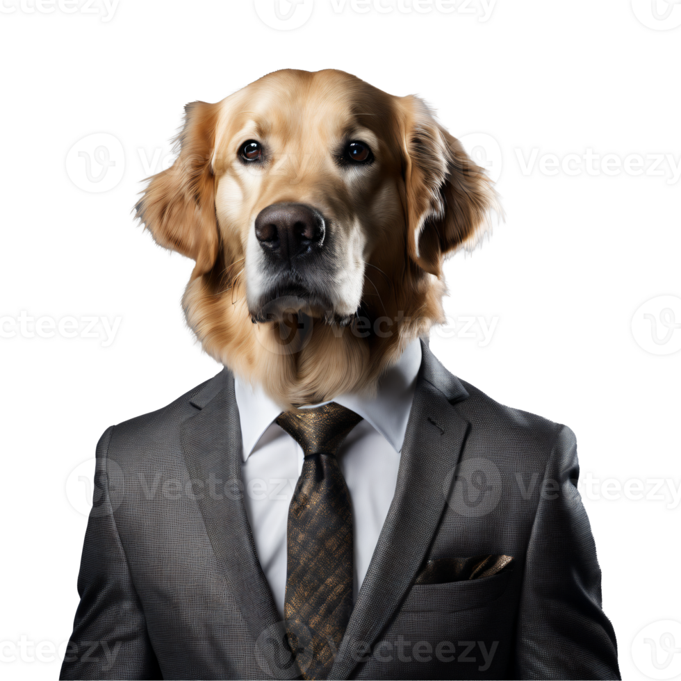 portret van humanoid antropomorf gouden retriever hond vervelend zwart bedrijf pak geïsoleerd transparant generatief ai png