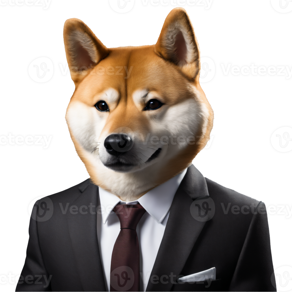 Portrait of Humanoid Anthropomorphic Shiba Inu Dog Wearing Black Business Suit Isolated Transparent Generative AI png