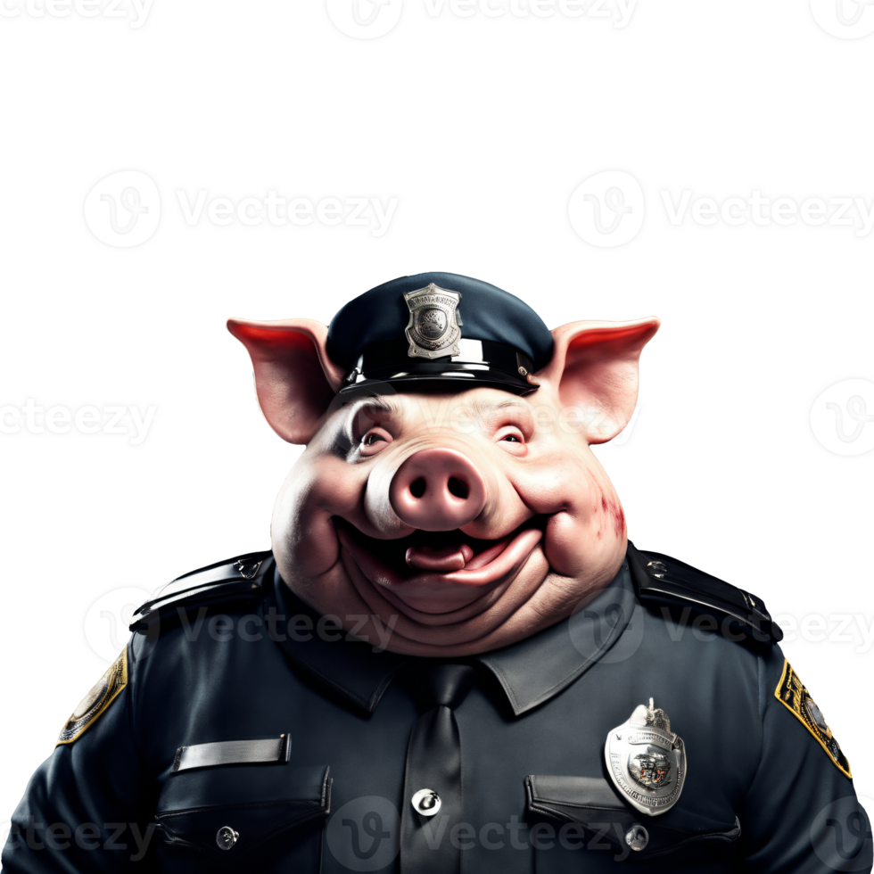 Portrait of Humanoid Anthropomorphic Greedy Fat Pig Wearing Police Officer Suit with Evil Smirk Expression Isolated Transparent Generative AI png